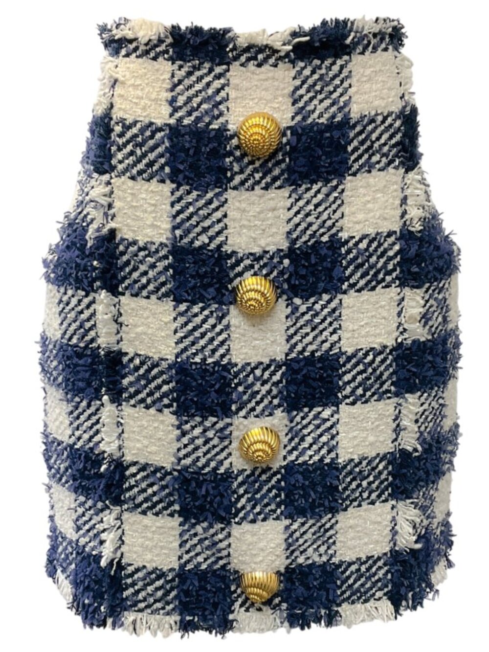 Balmain Cream / Marine Blue Gingham High Rise Mini Skirt with Gold Buttons